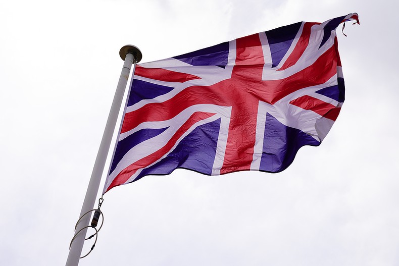 British Flag Viewed Against Cloudy Sky